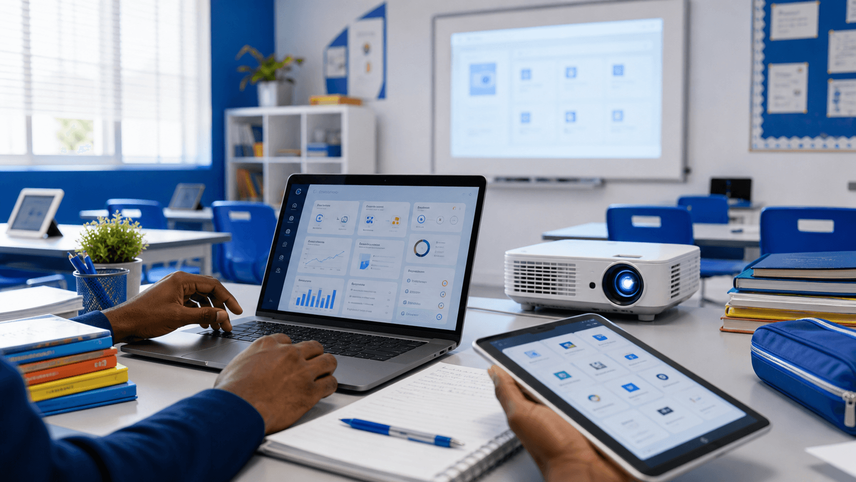Classroom technology setup with laptop, tablet, projector, and learning materials.