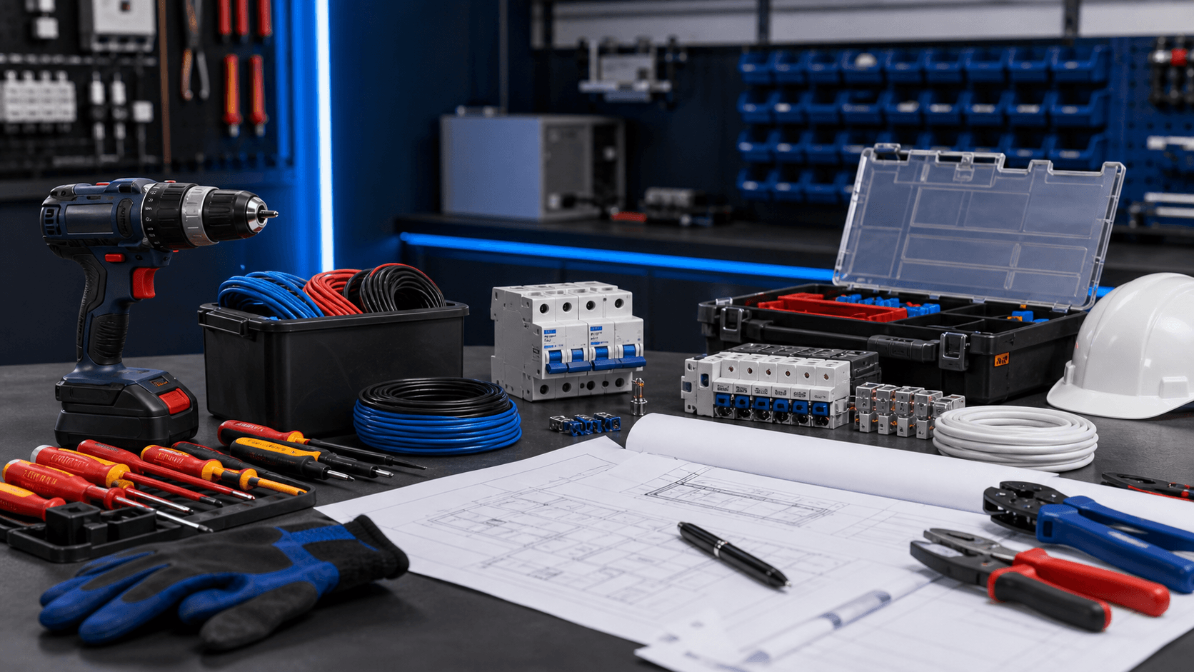 Professional power tools, electrical supplies, and installation drawings on a workshop table.