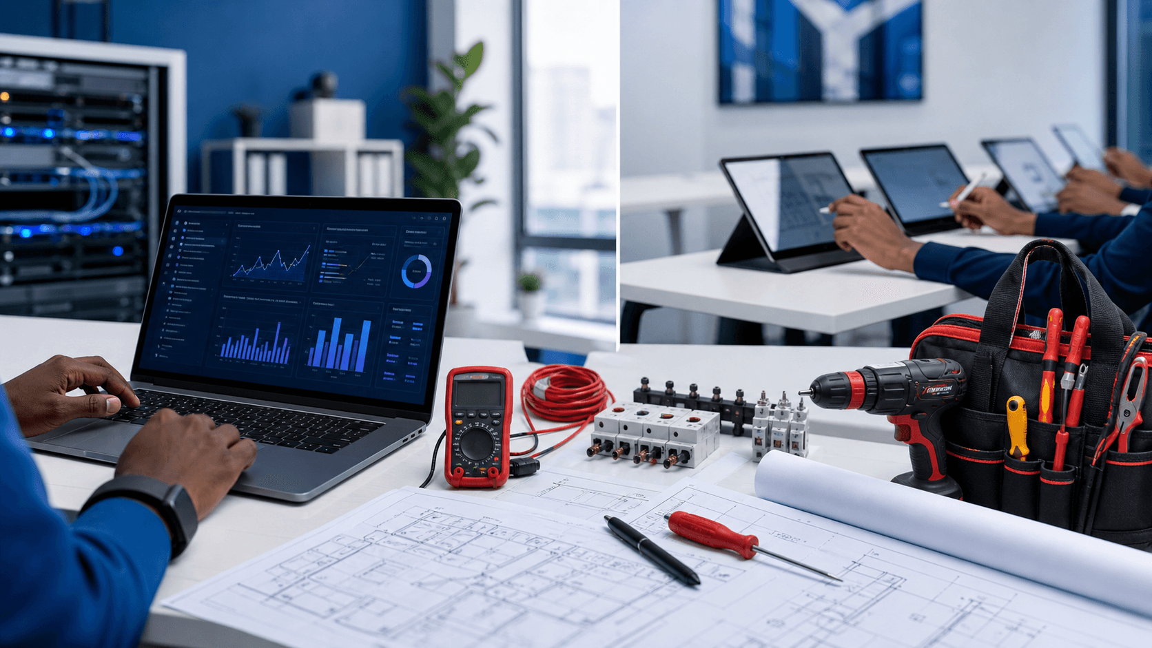 Modern IT support workspace with systems dashboards and service equipment.