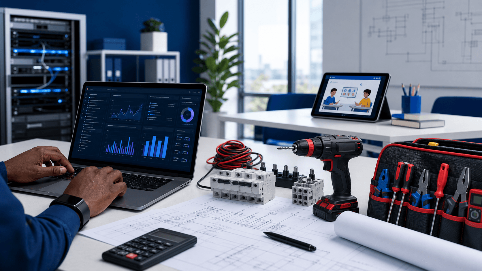 THEGEEK services workspace with technology, learning tools, and electrical equipment.